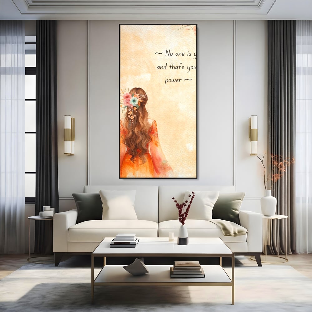Tablou canvas cu tablou canvas cu femeie si flori, in rama de aluminiu negru, pe perete intr-un living